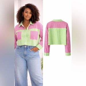 NWT Daisy 3X Pink & Green Striped Button Down | Artsy Colorblock Statement Shirt